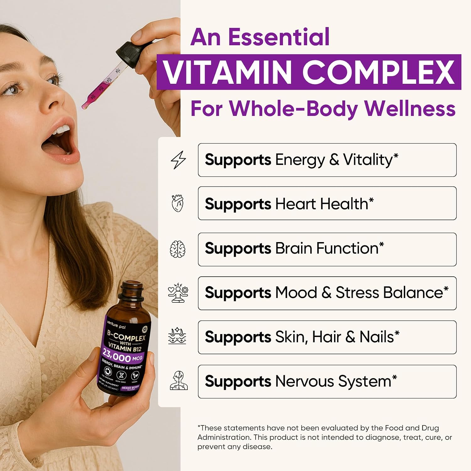 Venture Pal Vitamin B Complex Liquid Drops, B12 Metilcobalamina | B9 Fólico | B1,B2,B3,B5,B6,B7 - Vitamina C, Colina, Inositol, Apoyo Inmunológico y Metabolismo Energético, Cerebro y Corazón