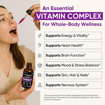 Venture Pal Vitamin B Complex Liquid Drops, B12 Metilcobalamina | B9 Fólico | B1,B2,B3,B5,B6,B7 - Vitamina C, Colina, Inositol, Apoyo Inmunológico y Metabolismo Energético, Cerebro y Corazón