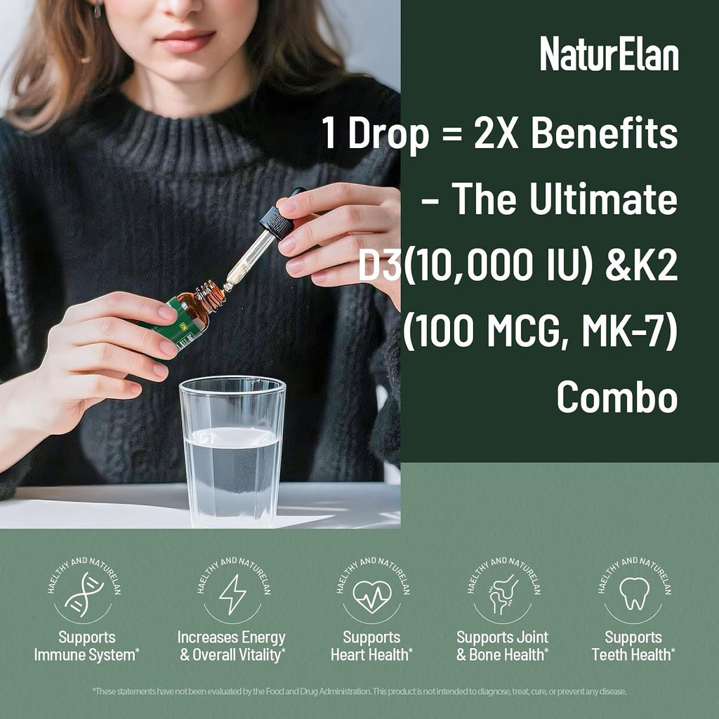 Gotas Orgánicas de Vitamina D3 y K2 con Aceite MCT, 10.000 UI + 100 mcg (MK-7), 320 Dosis