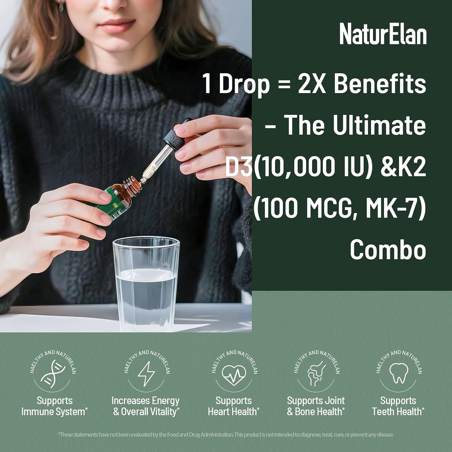 Gotas Orgánicas de Vitamina D3 y K2 con Aceite MCT, 10.000 UI + 100 mcg (MK-7), 320 Dosis