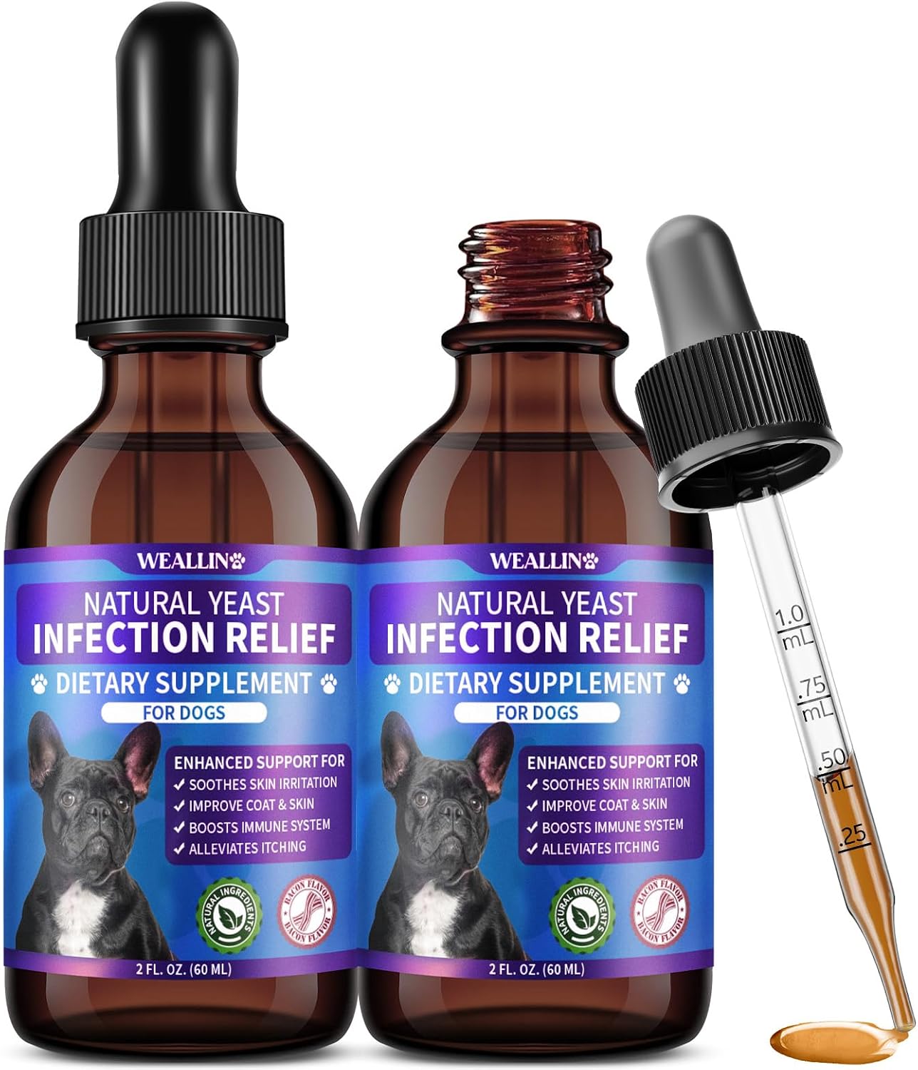 Tratamiento Natural contra Levaduras para Perros | Gotas con Probióticos y Mezcla de 8 Hierbas | Apoya Piel, Oídos y Alivio de Alergias | Sabor a Bacon