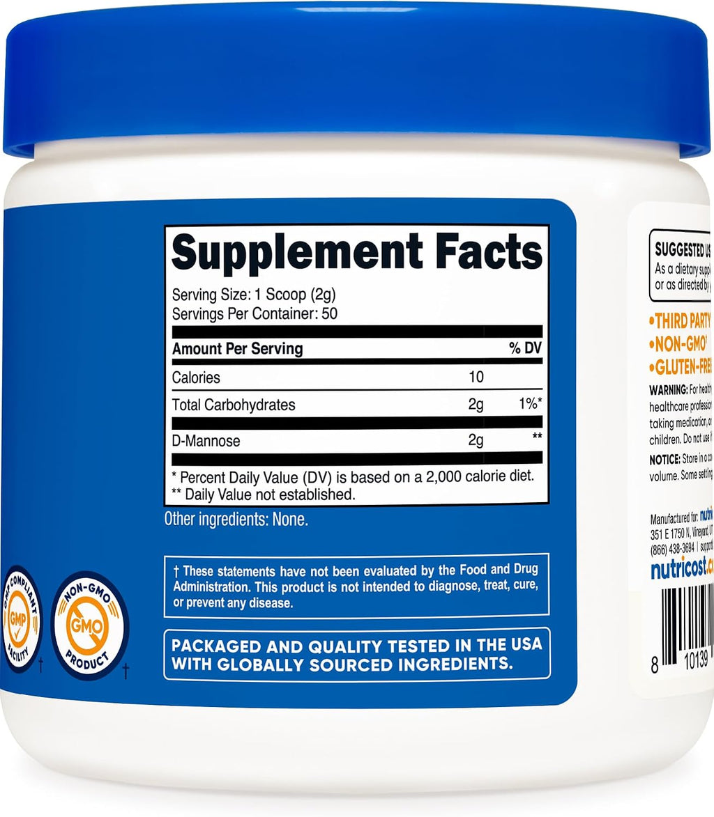 Nutricost D-Mannose en Polvo 100g (50 dosis) - Puro, sin OGM y sin Gluten