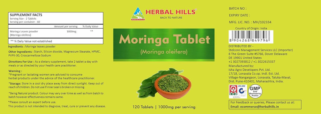 HERBAL HILLS Moringa Tablets 1000 mg, 120 Comprimidos