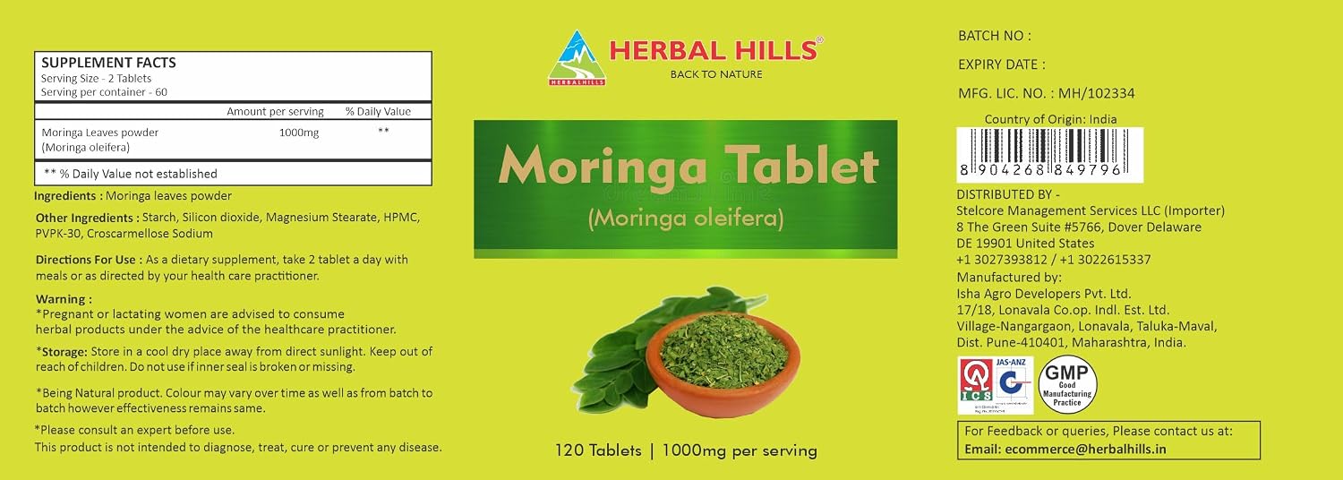HERBAL HILLS Moringa Tablets 1000 mg, 120 Comprimidos