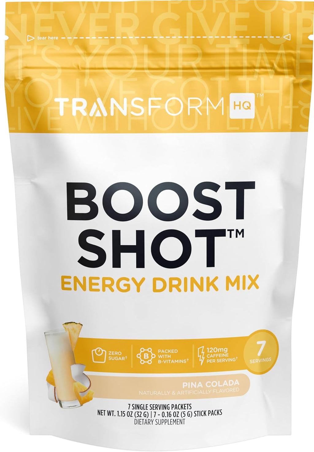 TransformHQ Boost Shot Sobres de Bebida en Polvo, Sabor Rocket Pop, 7 Sobres, Complemento Energético con Cafeína, Vitaminas B12, B9, B6 y B3