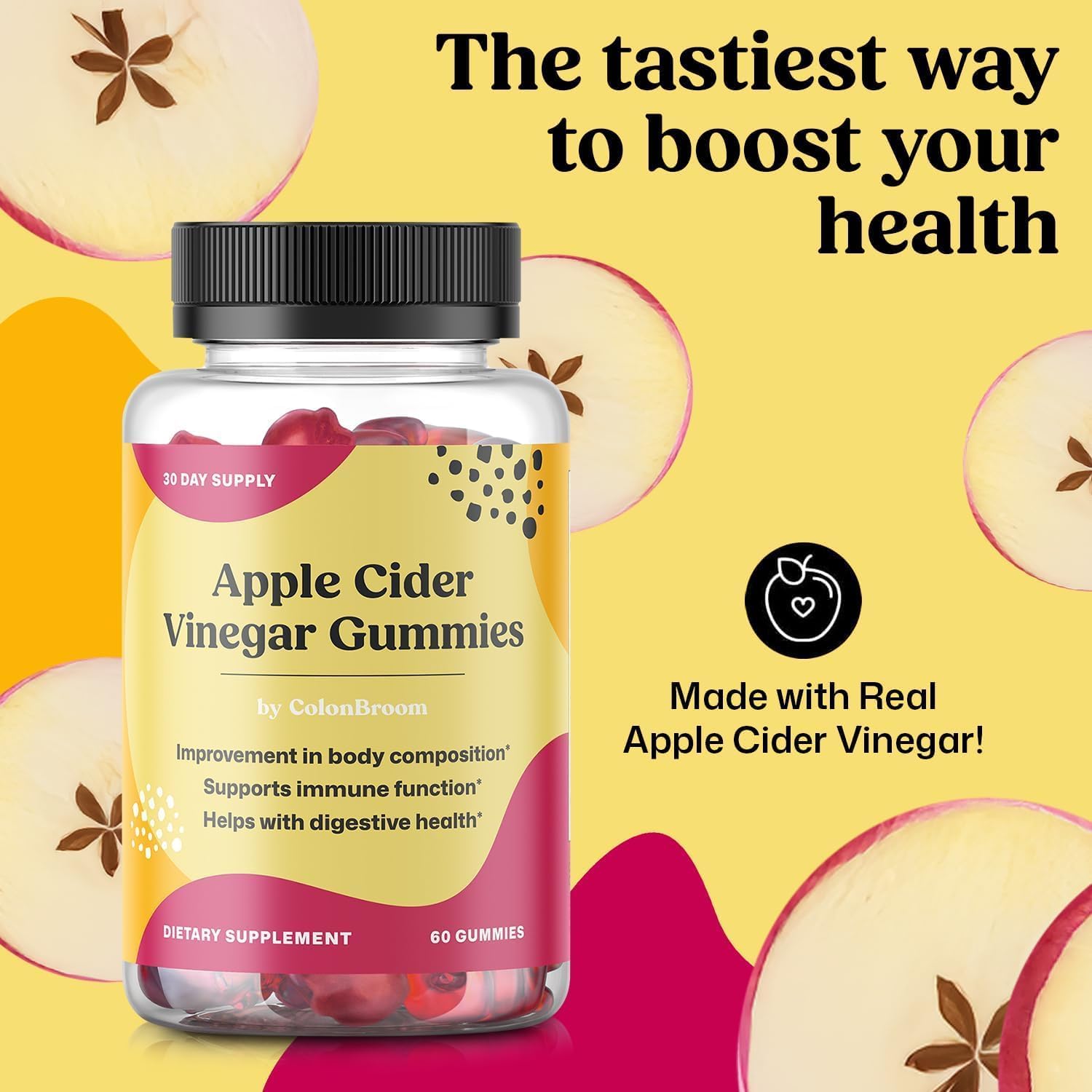 ColonBroom Gominolas de Vinagre de Manzana para Mujeres, 60 Gominolas, 30 Días de Suministro, Vegano, No OGM