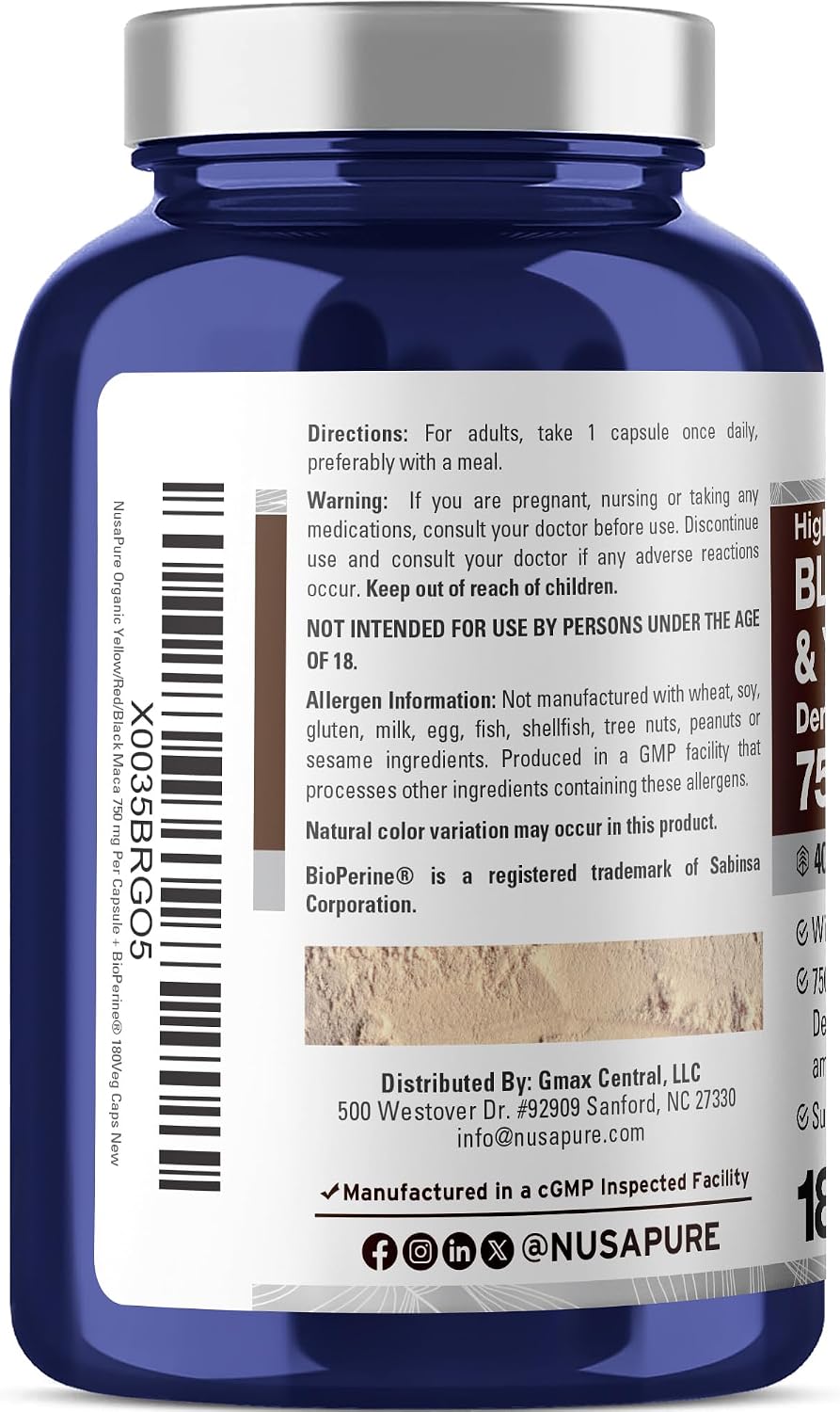 NusaPure Maca Root Negra, Roja y Amarilla - 180 Cápsulas Veganas (750 mg)