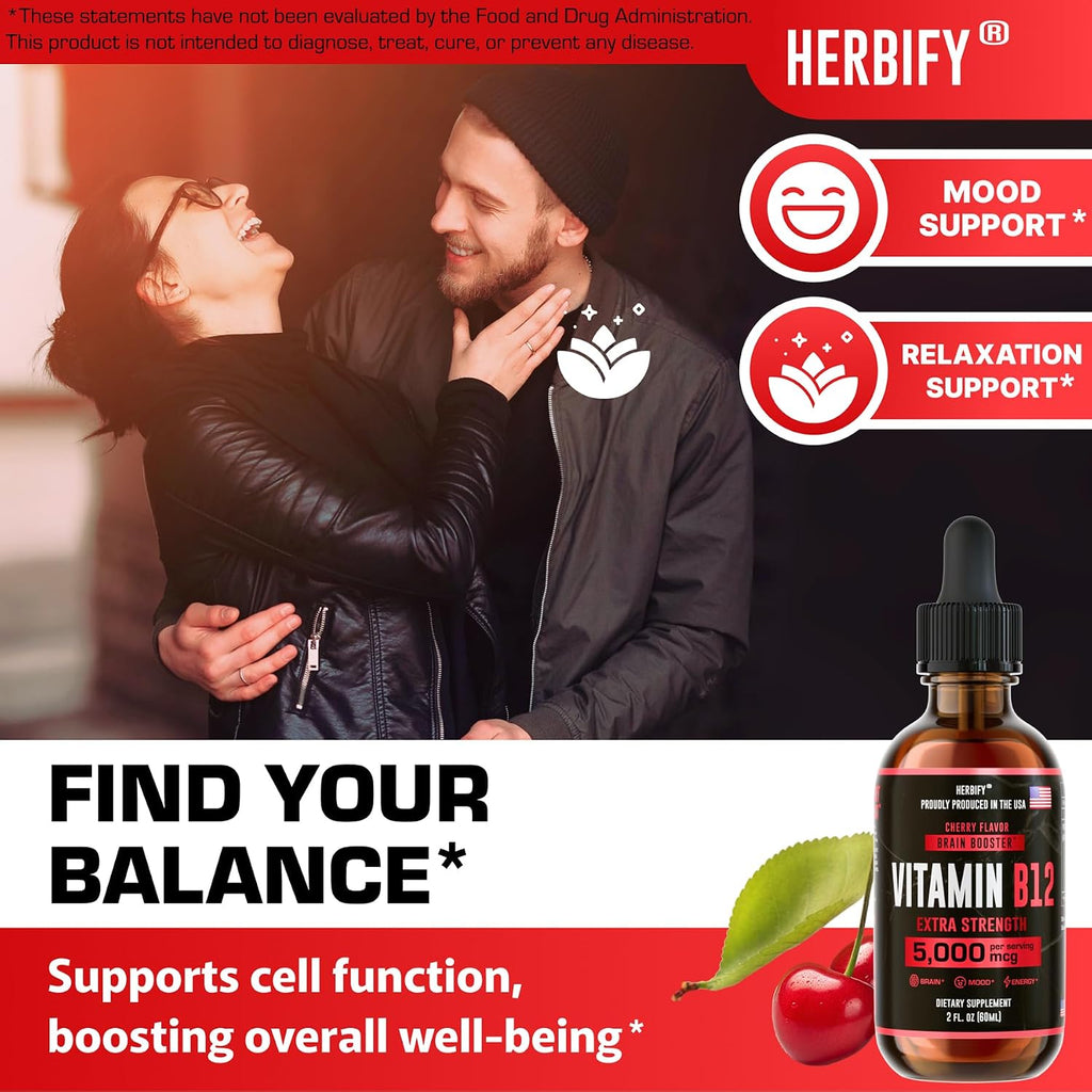 HERBIFY Vitamina B12 Metilada 5000 mcg - Gotas Líquidas de Metilcobalamina - Complejo B - Energía y Sistema Inmunitario - 30 Días - 60 ml
