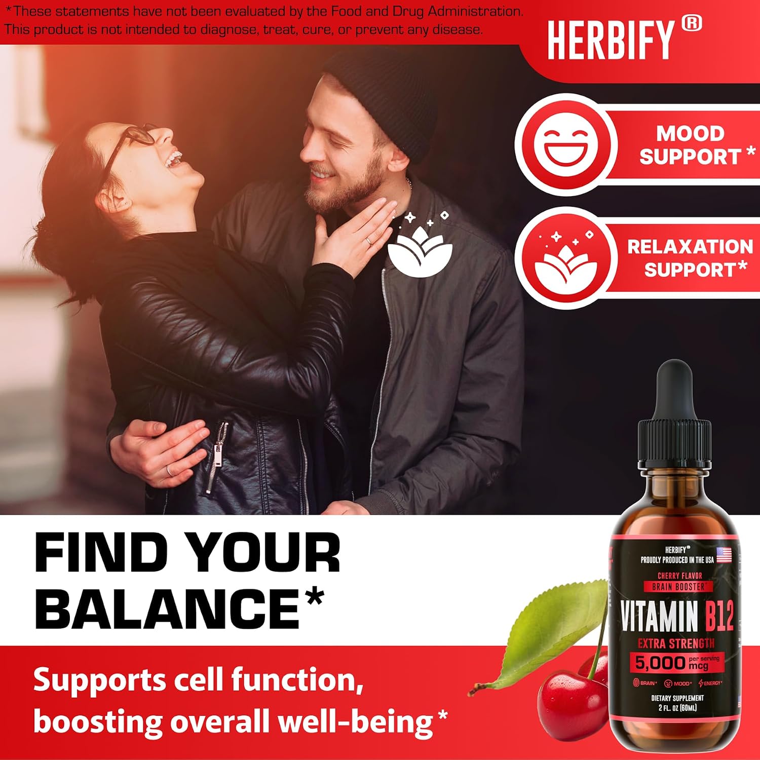 HERBIFY Vitamina B12 Metilada 5000 mcg - Gotas Líquidas de Metilcobalamina - Complejo B - Energía y Sistema Inmunitario - 30 Días - 60 ml