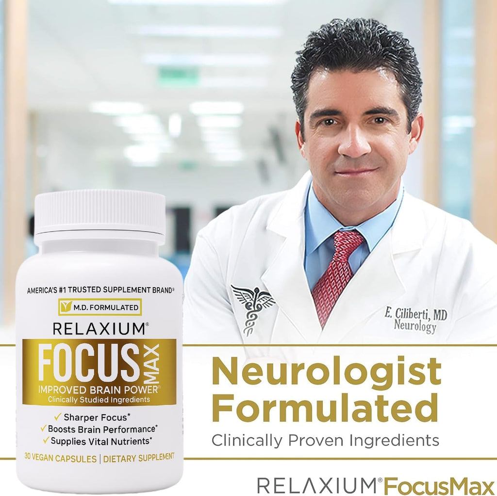 Relaxium FocusMax, Suplemento para la Salud Cerebral y el Enfoque, Apoya la Concentración, Memoria y Claridad Mental, Formulado por un Neurólogo, 30 Cápsulas Veganas