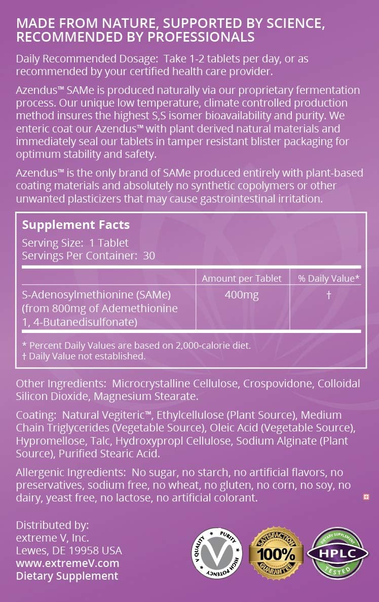 Azendus SAM-e Estado de Ánimo 400mg, 30 Comprimidos Recubiertos Entéricos