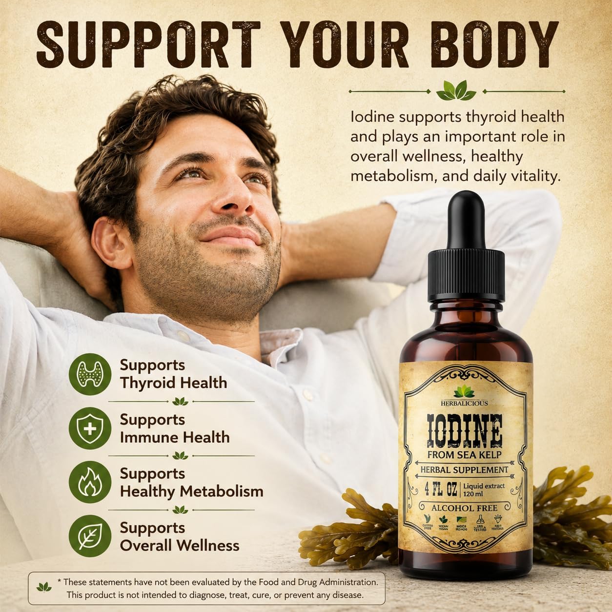 HERBALICIOUS Gotas de Yodo – Yodo Natural de Alga Kelp – Suplemento para Tiroides, Energía, Digestión y Defensas – Fórmula Orgánica No-GMO – 118 ml