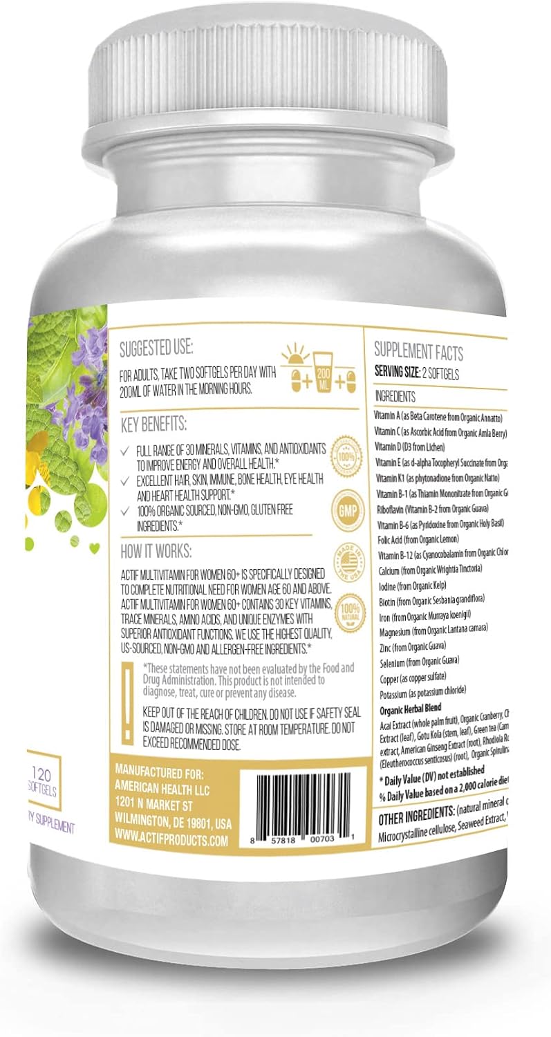 ACTIF Multivitamínico para Mujeres 60+ con 30 Vitaminas Orgánicas y Hierbas Orgánicas, No-GMO, 2 Meses