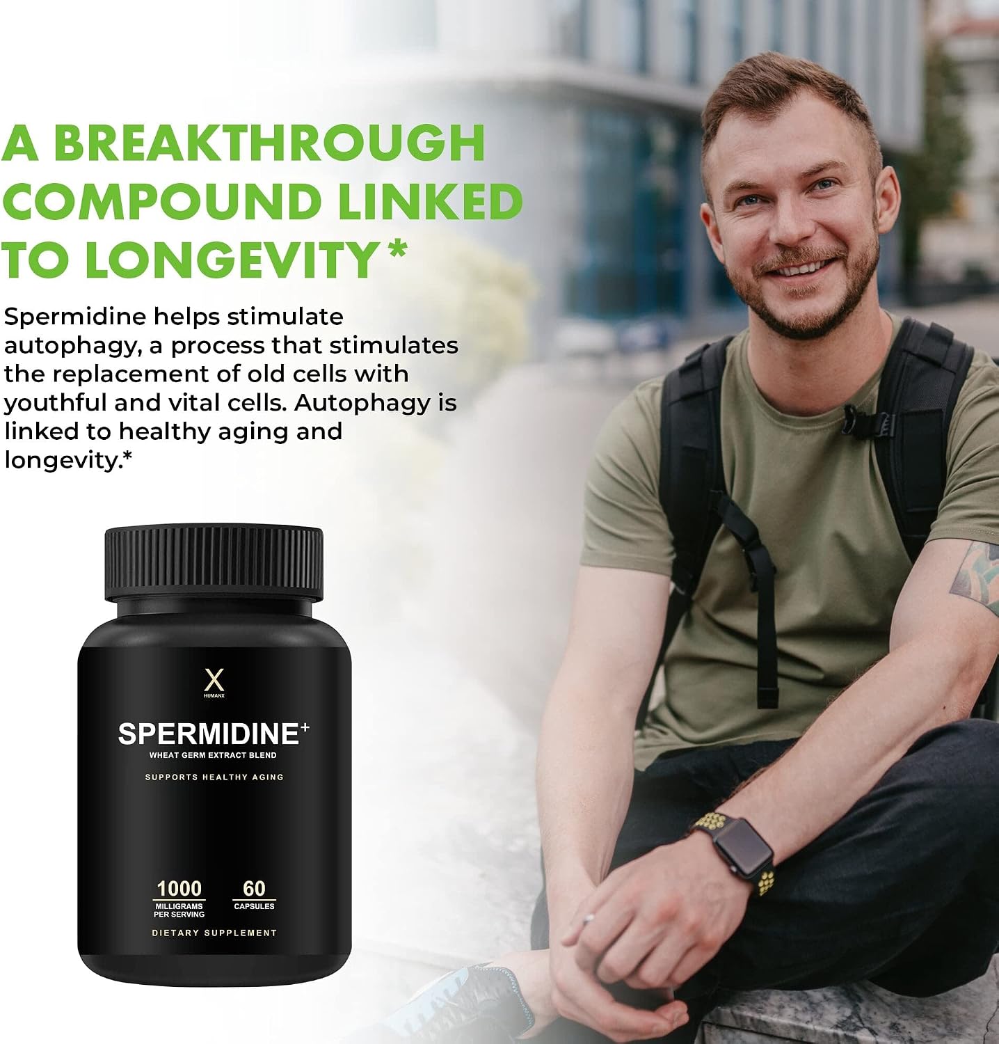 HUMANX Spermidine+ – Cápsulas de Extracto de Germen de Trigo Rico en Espermidina, Zinc y Tiamina
