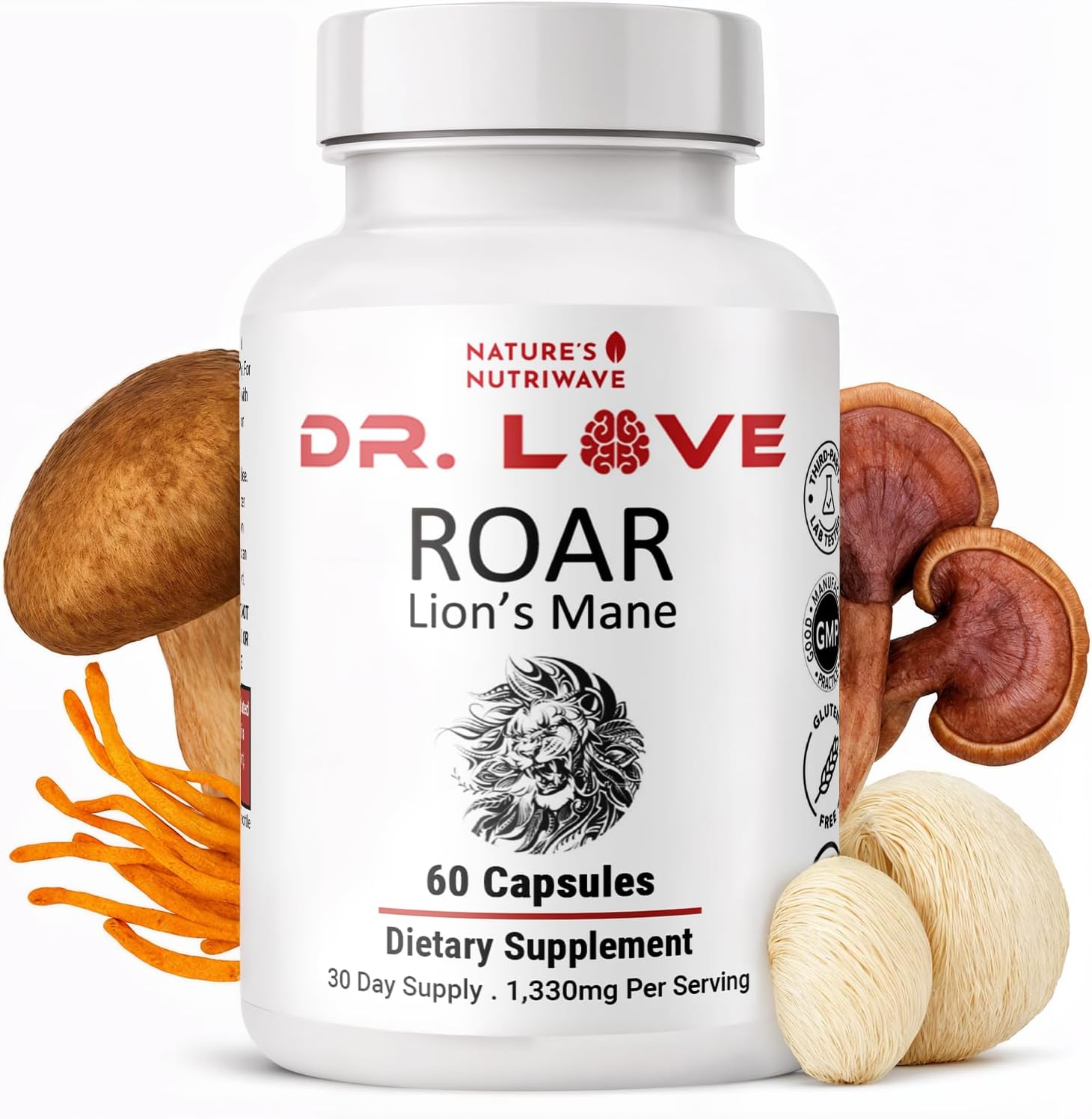 Dr. Love ROAR Lion's Mane, Cordyceps y Reishi, 60 cápsulas