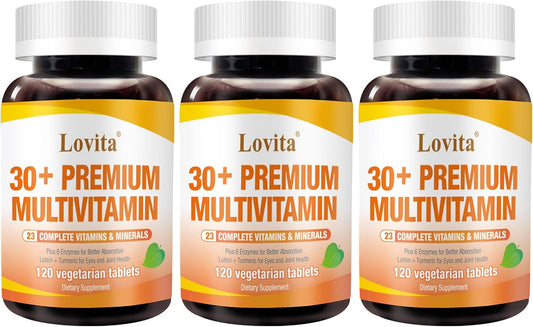 LOVITA Multivitamínico Premium para Adultos 30+ con Enzimas, Cúrcuma y Apoyo Nutricional Integral - 120 Comprimidos Vegetarianos (Pack de 3)