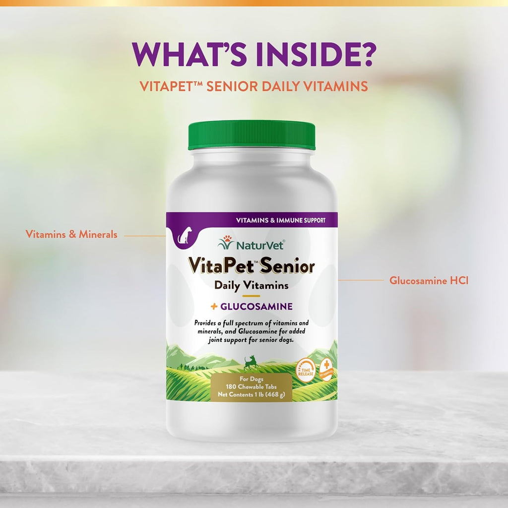 NaturVet VitaPet Senior Daily Vitamins Plus Glucosamine - 180 Comprimidos Masticables para Perros Mayores