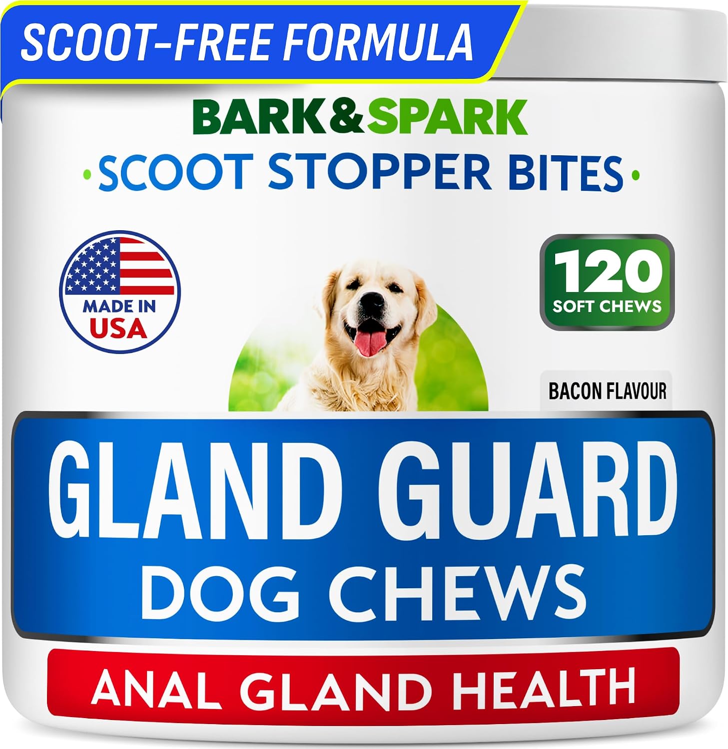 BARK&SPARK Golosinas para el Tratamiento de Glándulas Anales para Perros - Suplemento de Apoyo con Prebióticos y Enzimas Digestivas - Sabor a Bacon, 120 Golosinas