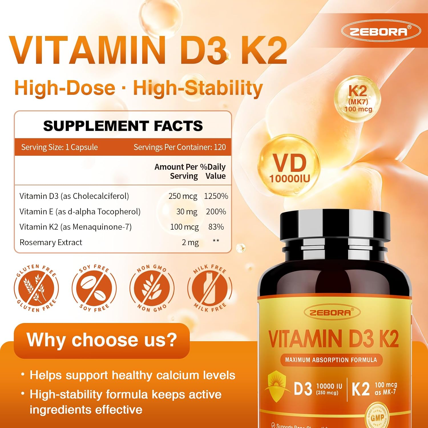 ZEBORA Vitamina D3 K2 - Máxima Potencia 10000 UI D3 y 100 mcg K2 como MK-7 - Salud Ósea, Cardíaca e Inmunológica - Sin Gluten, No GMO, 120 Cápsulas