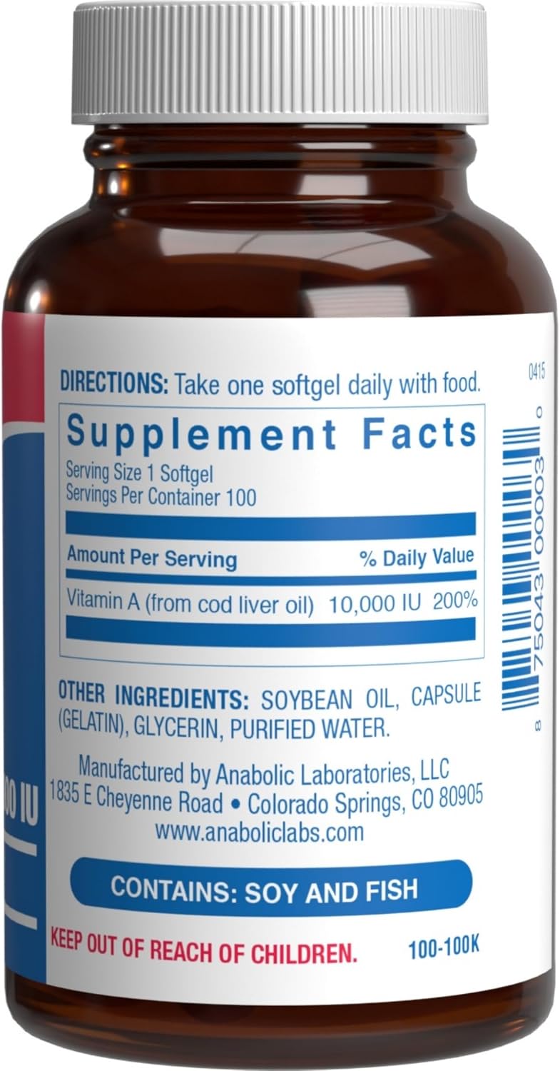Vitamina A 10000 UI - Suplemento de Aceite de Hígado de Bacalao con Retinoides de Amplio Espectro - 100 Cápsulas Blandas - Anabolic Laboratories