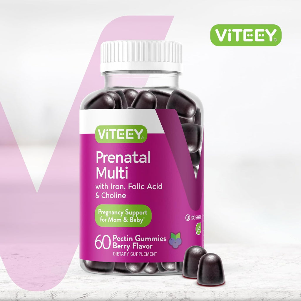 Viteey Prenatal Gummies for Women - Prenatal with Iron | for Pregnancy with Choline & Folic Acid Gummies - Vegetarian, Gluten Free - 60 Count