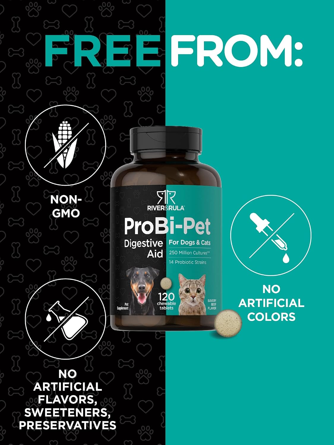Horbaach Probióticos para Perros y Gatos | 120 Comprimidos Masticables | Salud Digestiva | 14 Cepas Probióticas | Sabor a Ternera | River & RULA