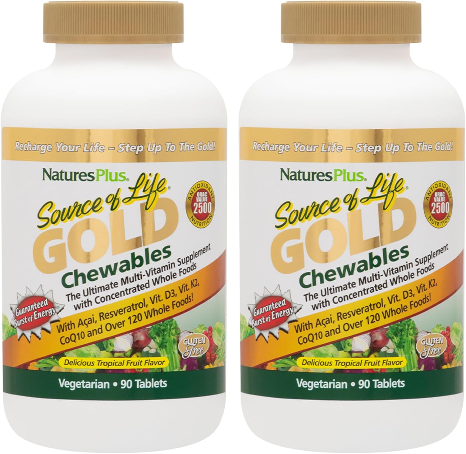 NaturesPlus Source of Life GOLD Multivitamin - Pack de 2, 90 Comprimidos Masticables