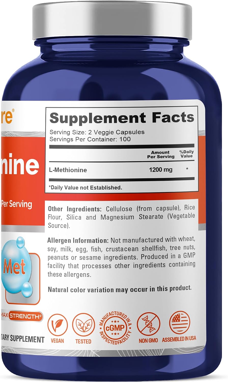 NusaPure L-Metionina 1200 mg | 200 Cápsulas | No GMO | Vegano