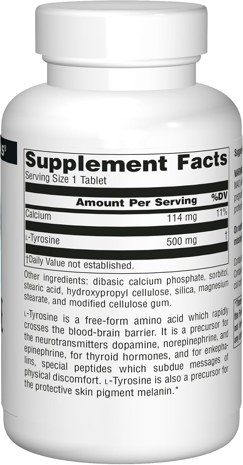 Source Naturals L-Tyrosine 500mg Free Form Amino Acid - 100 Tablets (Pack de 3)