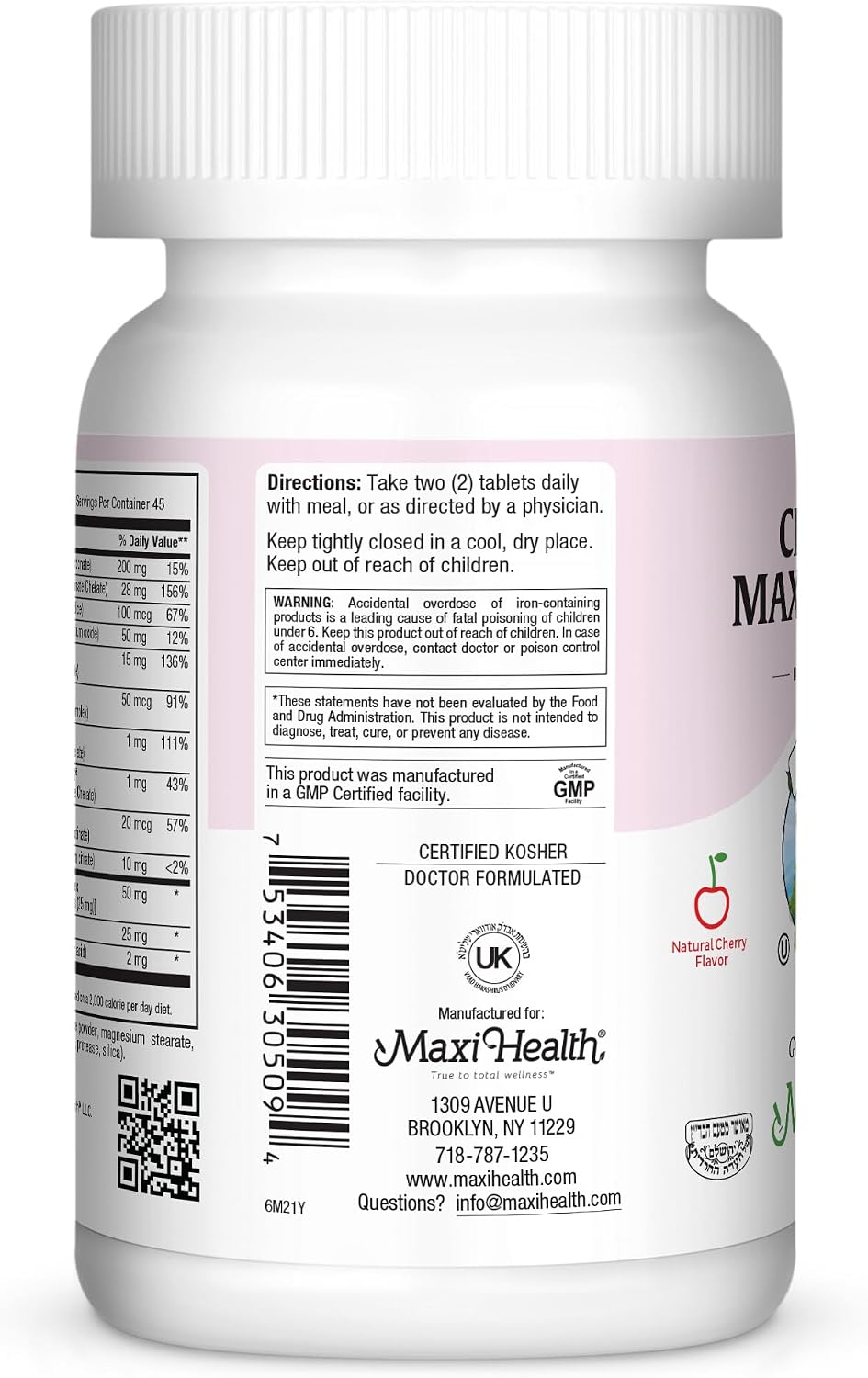 Maxi Health Chewable Prenatal Vitamins with Iron, Biotin, Pantothenic Acid & Magnesium - 90 Tablets