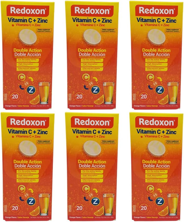 Redoxon Naranja Vitamina C Efervescente con Zinc, 20 Tabletas (Paquete de 6)