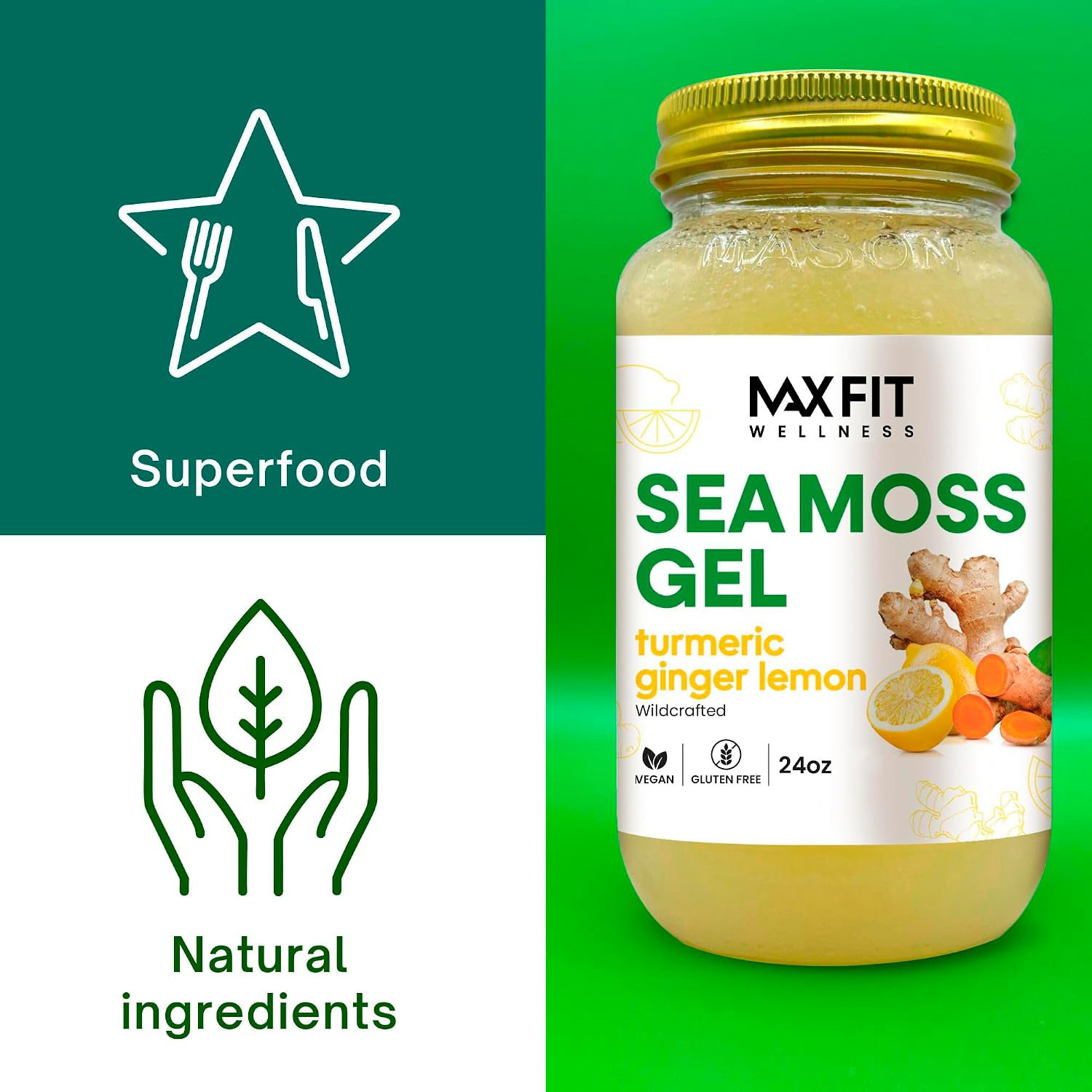 MAX FIT Gel de Musgo de Mar con Cúrcuma, Jengibre y Limón (24 oz) - Silvestre de Santa Lucía | 92 Vitaminas y Minerales | Puro y No-GMO
