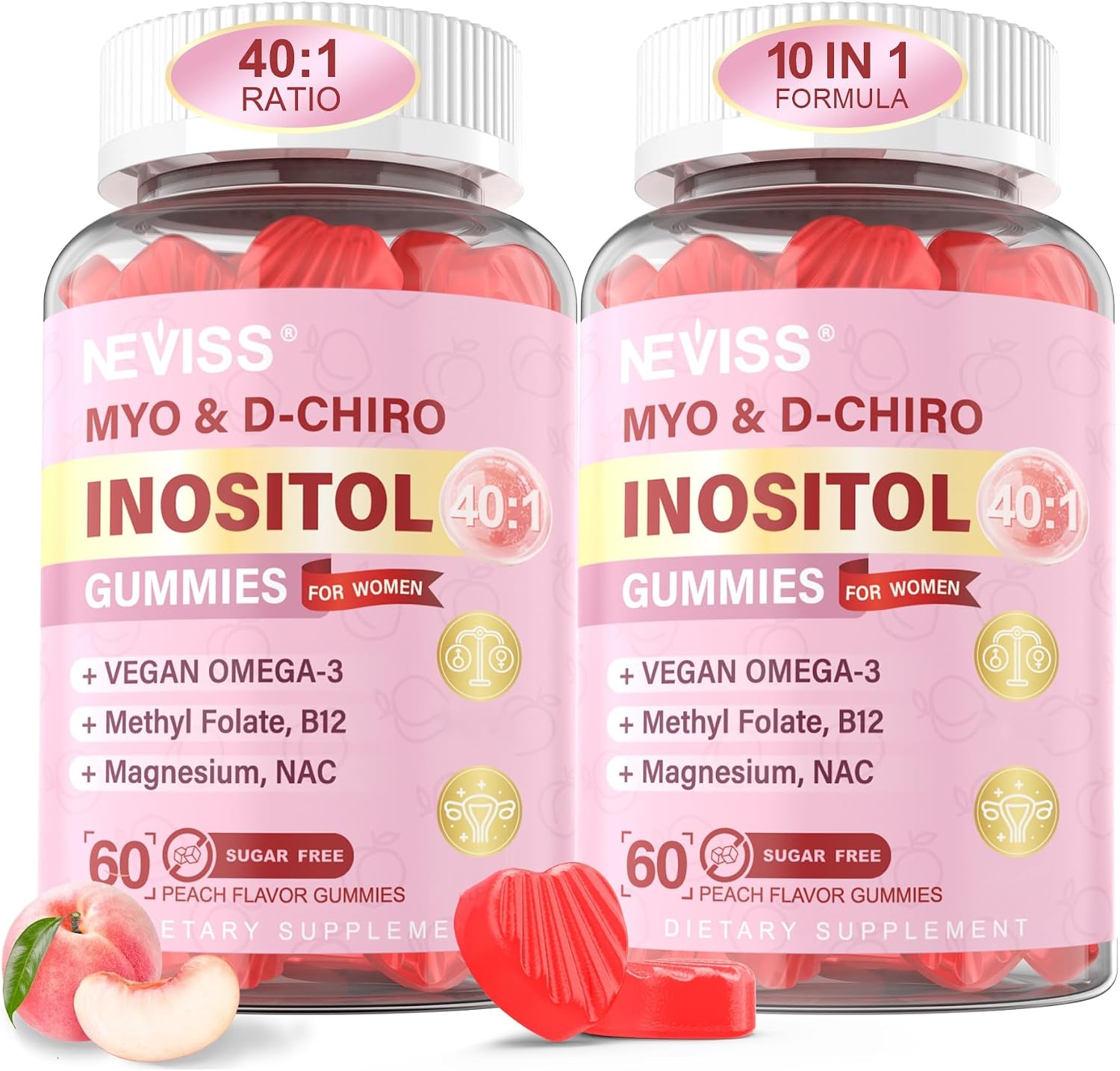 Myo-Inositol & D-Chiro Inositol Gummies 2000mg + 50mg, Ratio 40:1, con Omega-3 Vegano, D3, Magnesio Glicinato, Metilfolato + B12, Sin Azúcar, 120 uds