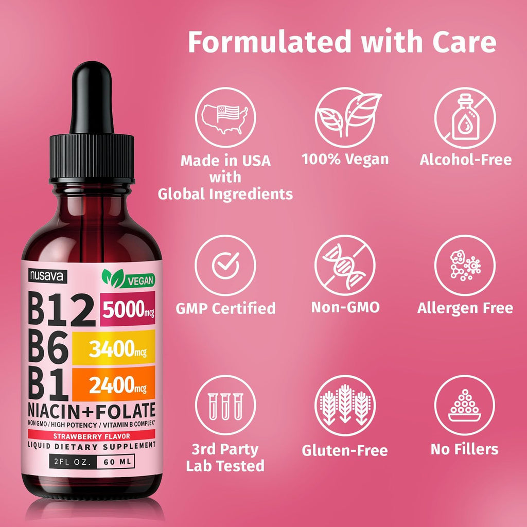 NUSAVA (4 Pack) Gotas de Vitamina B12 Líquida 5000mcg - Complejo B con B6 y B1 - Metilcobalamina - Vegano, Sin OGM, Sabor Fresa (2 oz, 160 dosis)