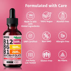 NUSAVA (4 Pack) Gotas de Vitamina B12 Líquida 5000mcg - Complejo B con B6 y B1 - Metilcobalamina - Vegano, Sin OGM, Sabor Fresa (2 oz, 160 dosis)