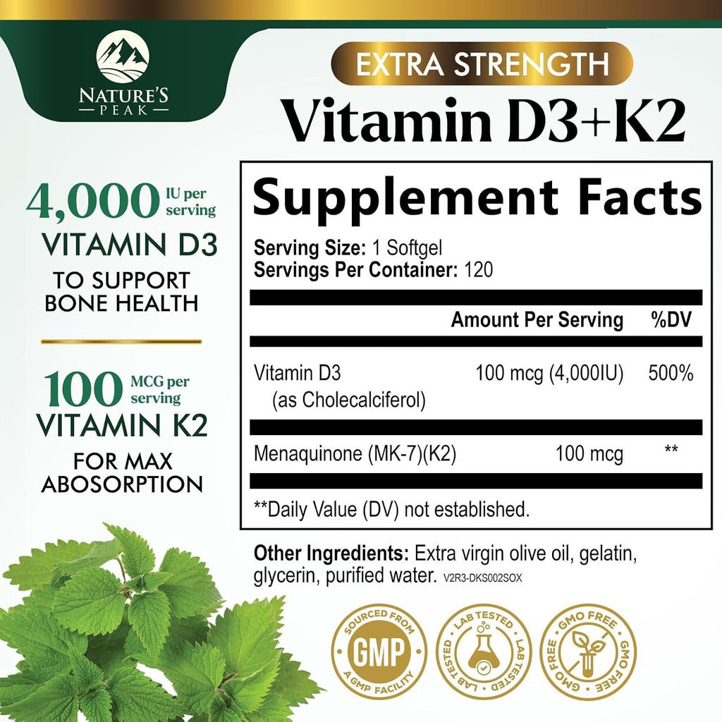 Vitamina D3 K2 - Complejo 2 en 1 de Vitamina D y K2 (MK-7) - 4000 UI por Cápsula Blanda - Sin Gluten - 120 Cápsulas Blandas