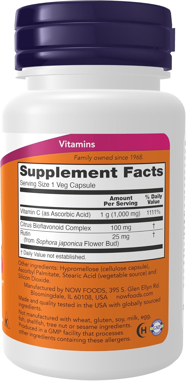 NOW Foods Vitamina C 1.000 mg con Escaramujo y Bioflavonoides, 30 Cápsulas Veganas