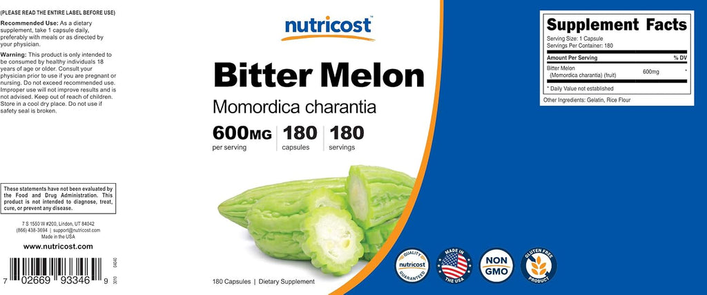 Nutricost Bitter Melon Extract - 180 Capsules - 600mg of 4:1 Extract - Vegan, Gluten-Free, Non-GMO
