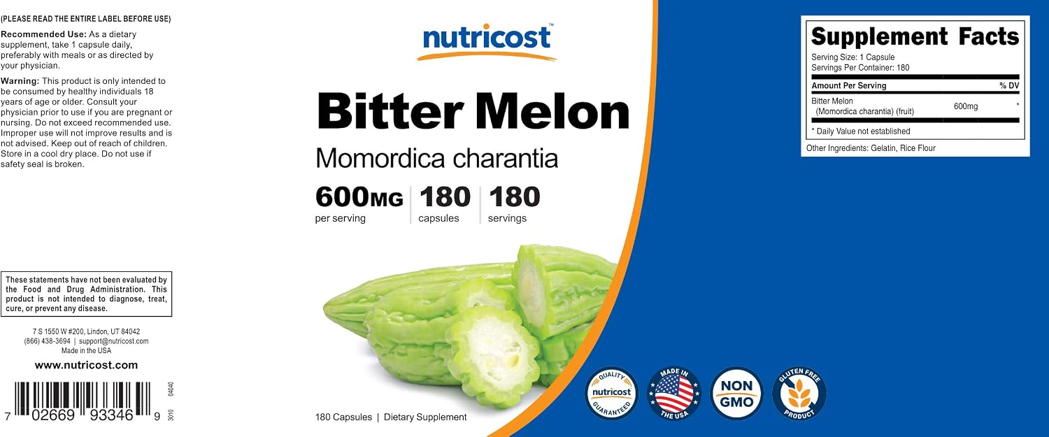 Nutricost Bitter Melon Extract - 180 Capsules - 600mg of 4:1 Extract - Vegan, Gluten-Free, Non-GMO