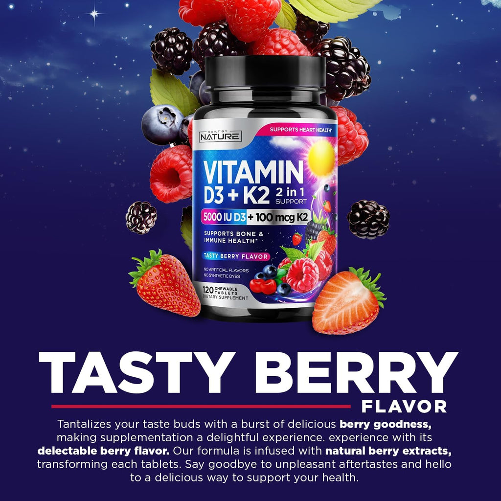 Vitamina D3 K2 Masticable, 5000 UI y K2 MK-7 100 mcg, 120 Comprimidos | Sabor a Bayas