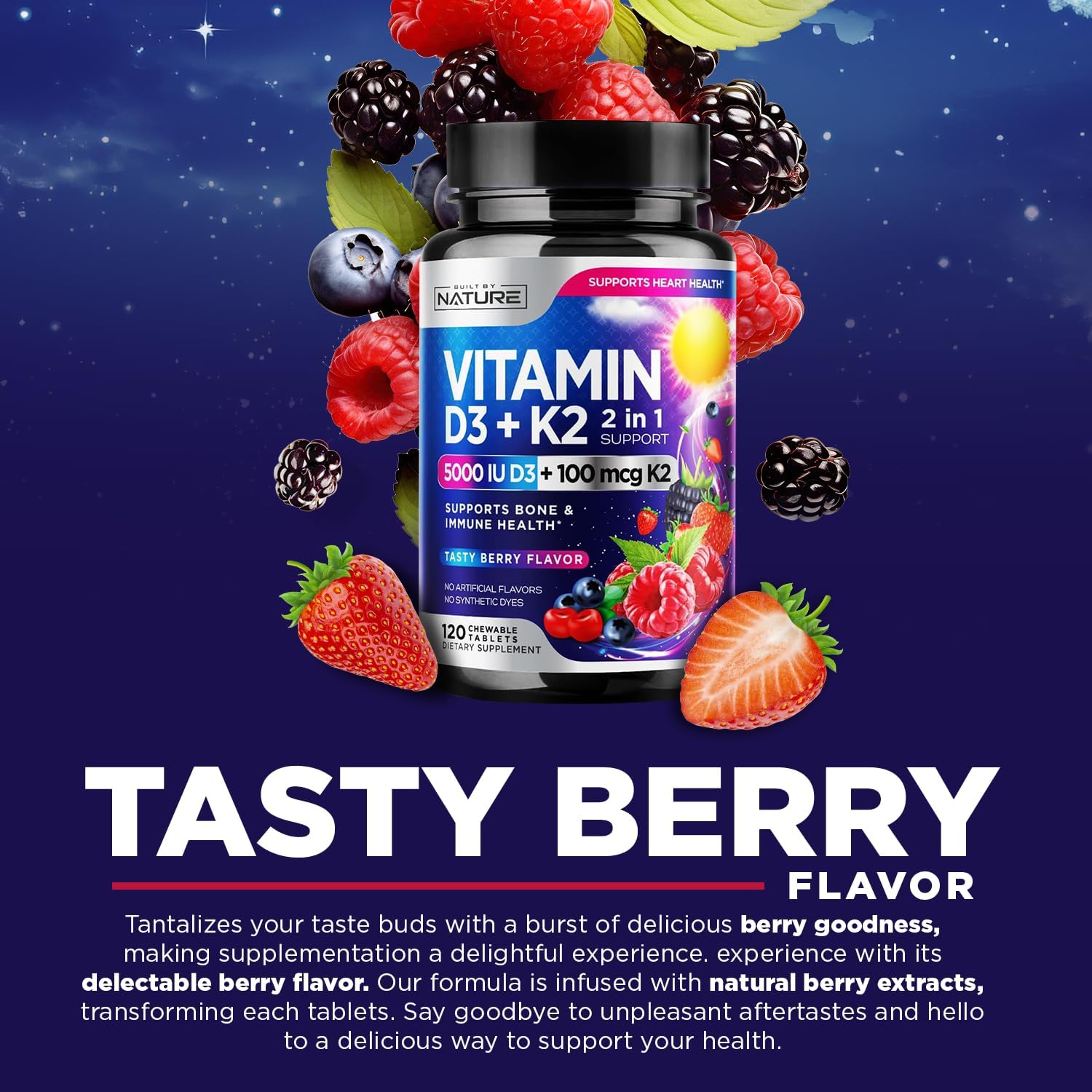 Vitamina D3 K2 Masticable, 5000 UI y K2 MK-7 100 mcg, 120 Comprimidos | Sabor a Bayas