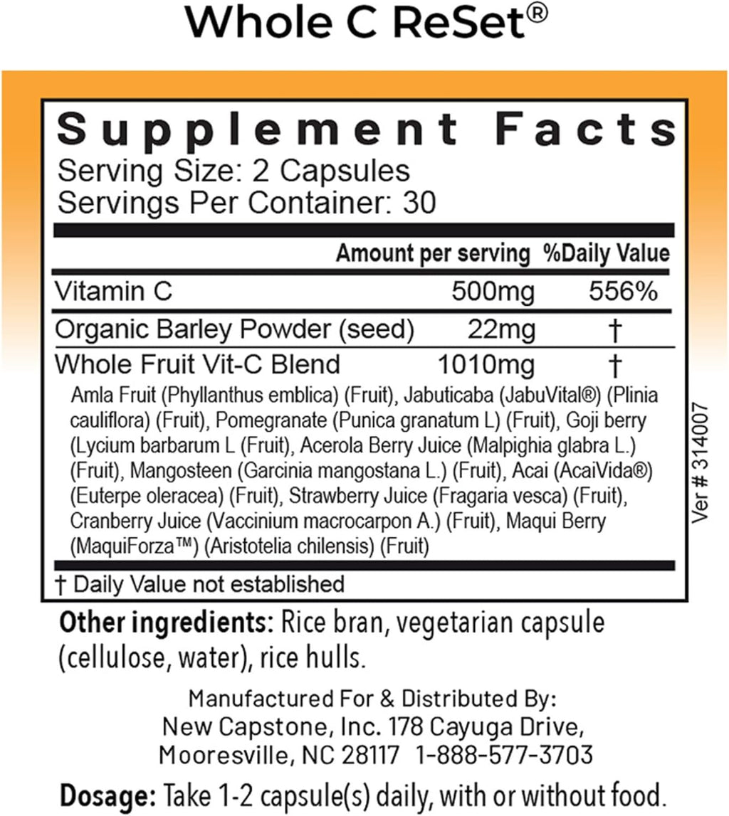 RnA ReSet Whole C Reset – Complejo de Vitamina C Orgánico con Bioflavonoides y Polifenoles, 60 Cápsulas