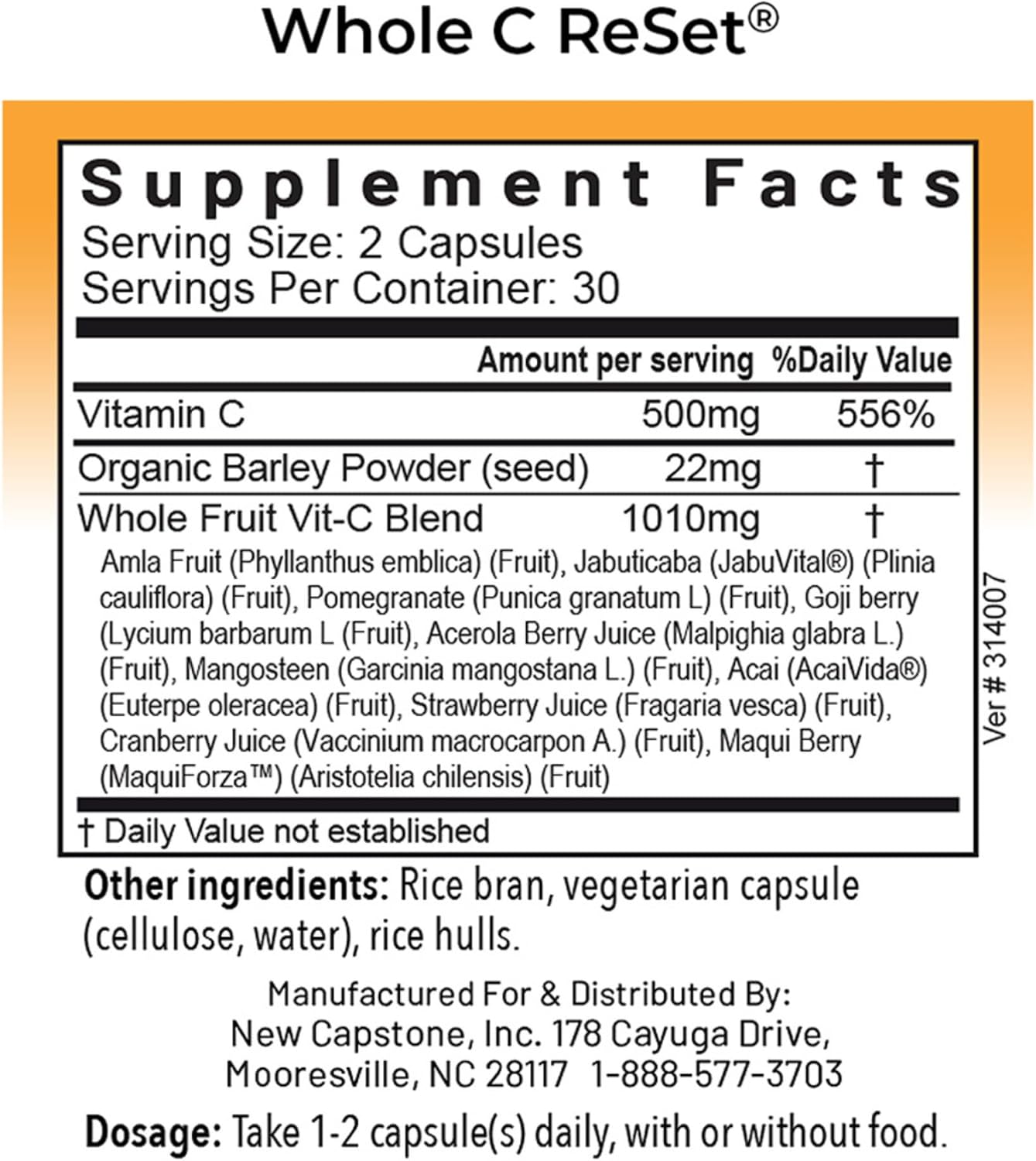 RnA ReSet Whole C Reset – Complejo de Vitamina C Orgánico con Bioflavonoides y Polifenoles, 60 Cápsulas