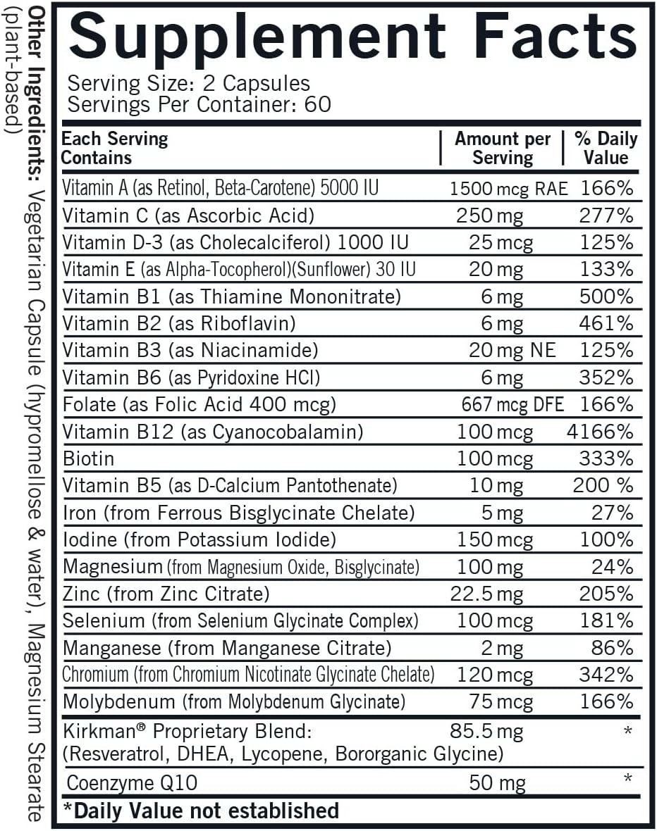 Kirkman Multivitamínico y Mineral para Hombres Mayores, 120 Cápsulas Vegetarianas