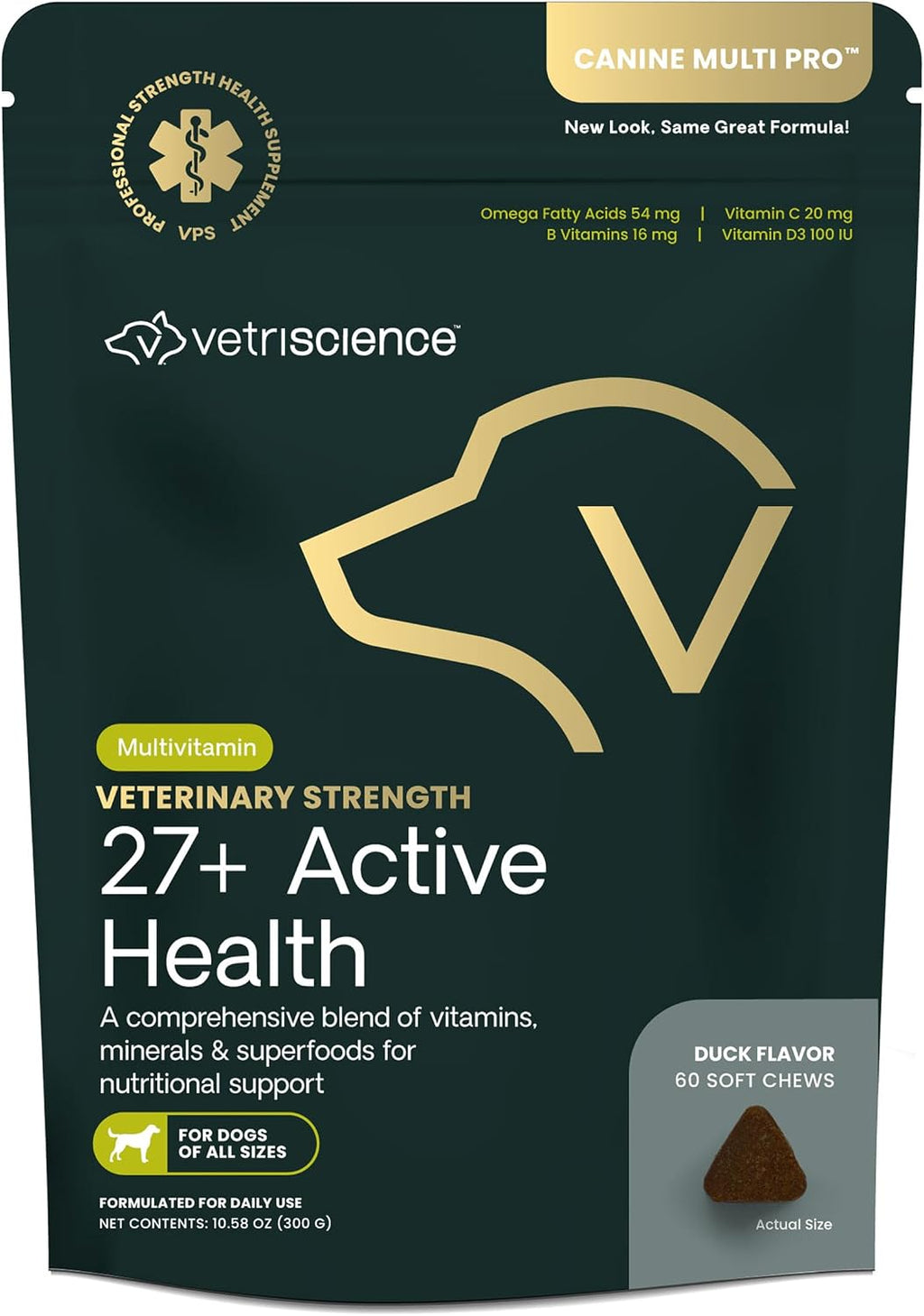 VetriScience Veterinary Strength 27+ Active Health Chews - Multivitamínico Completo para Perros - Apoyo Digestivo - Sabor a Pato - 60 Unidades