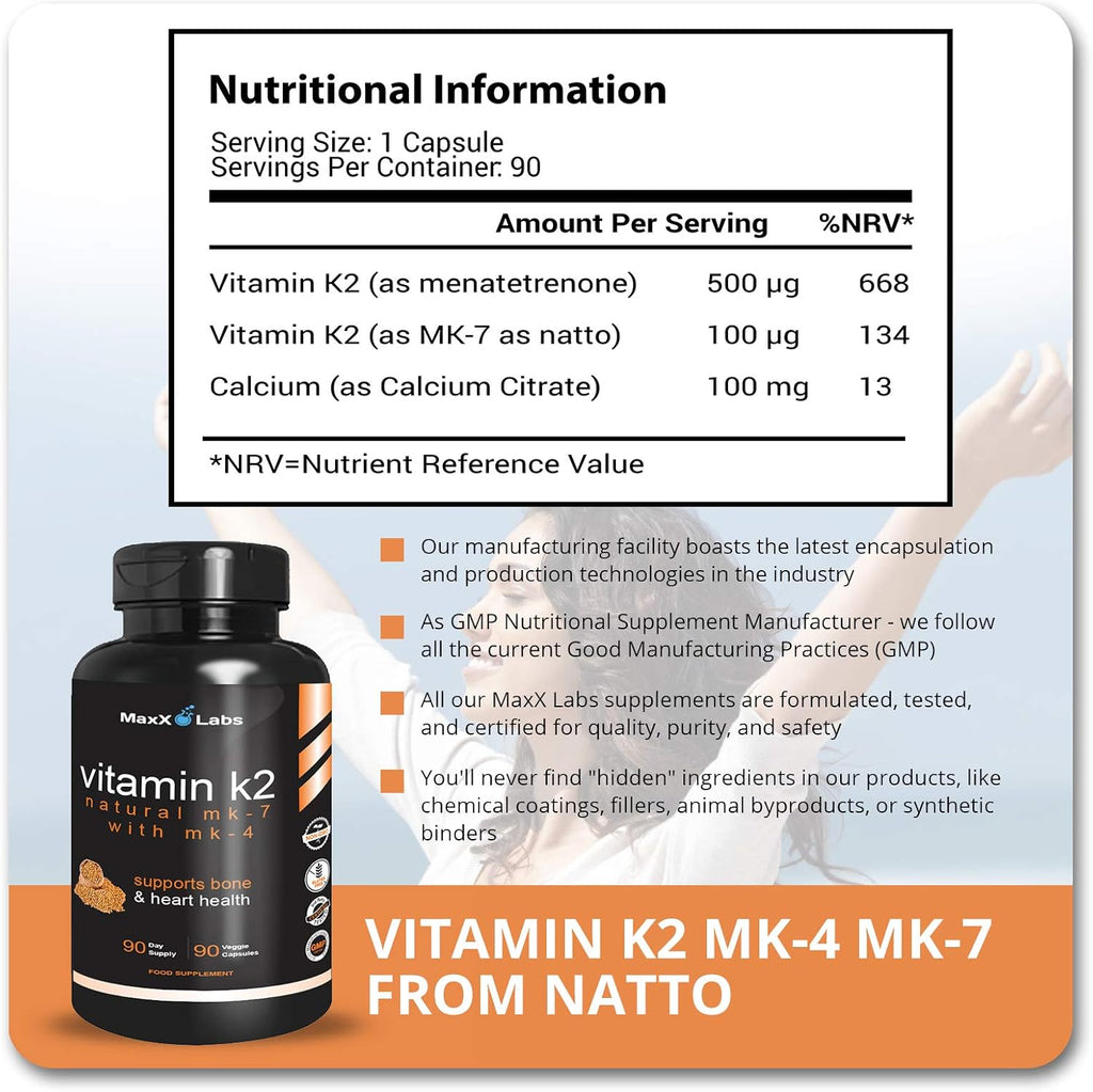 MaxX Labs Vitamina K2 con Vitamina D3 - Complejo K2 MK-7 y MK-4 - 600 mcg - 90 Cápsulas