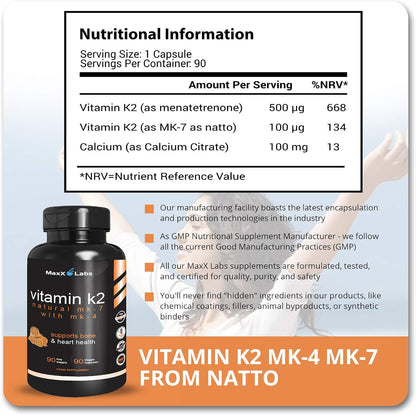 MaxX Labs Vitamina K2 con Vitamina D3 - Complejo K2 MK-7 y MK-4 - 600 mcg - 90 Cápsulas – Image 4