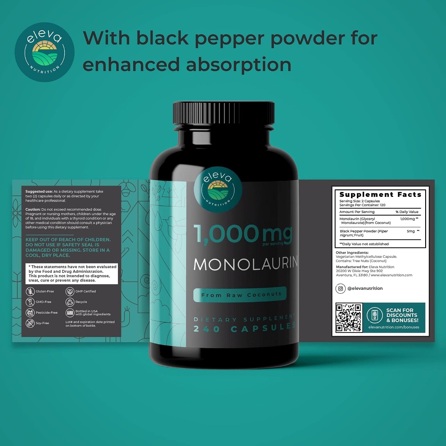 Monolaurin 1000mg Cápsulas Veganas - Eleva Nutrition (240 Cápsulas)