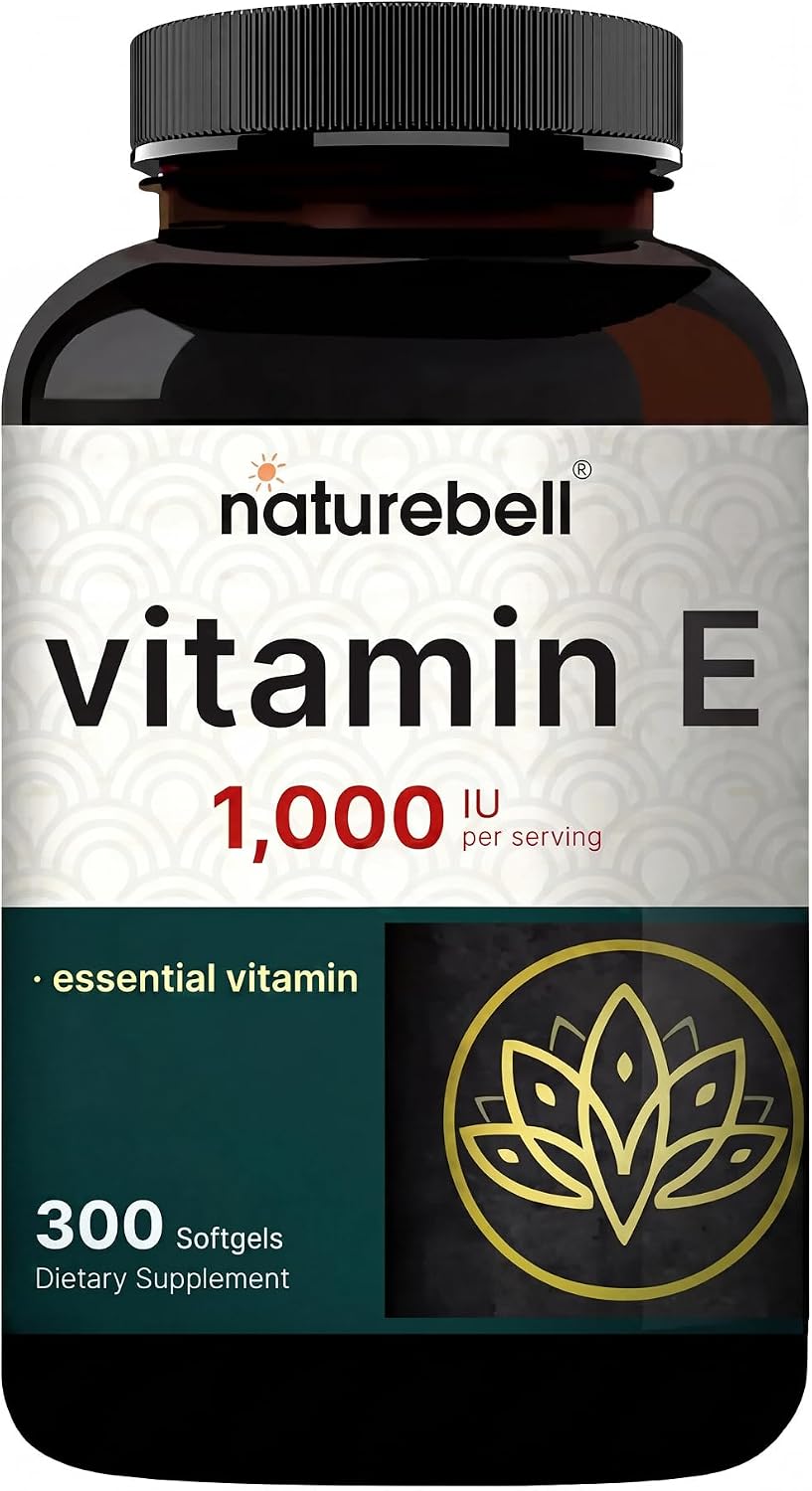 NatureBell Vitamina E 1.000 UI por dosis - 300 cápsulas blandas (suministro para 5 meses) - Complemento antioxidante probado por terceros para el cuidado de la piel, el corazón y la salud cerebral* - Alta potencia* - Sin gluten y no transgénico