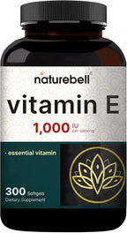 NatureBell Vitamina E 1.000 UI por dosis - 300 cápsulas blandas (suministro para 5 meses) - Complemento antioxidante probado por terceros para el cuidado de la piel, el corazón y la salud cerebral* - Alta potencia* - Sin gluten y no transgénico